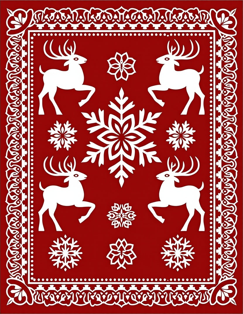 Festive Red Reindeer Snowflake Border Rug
