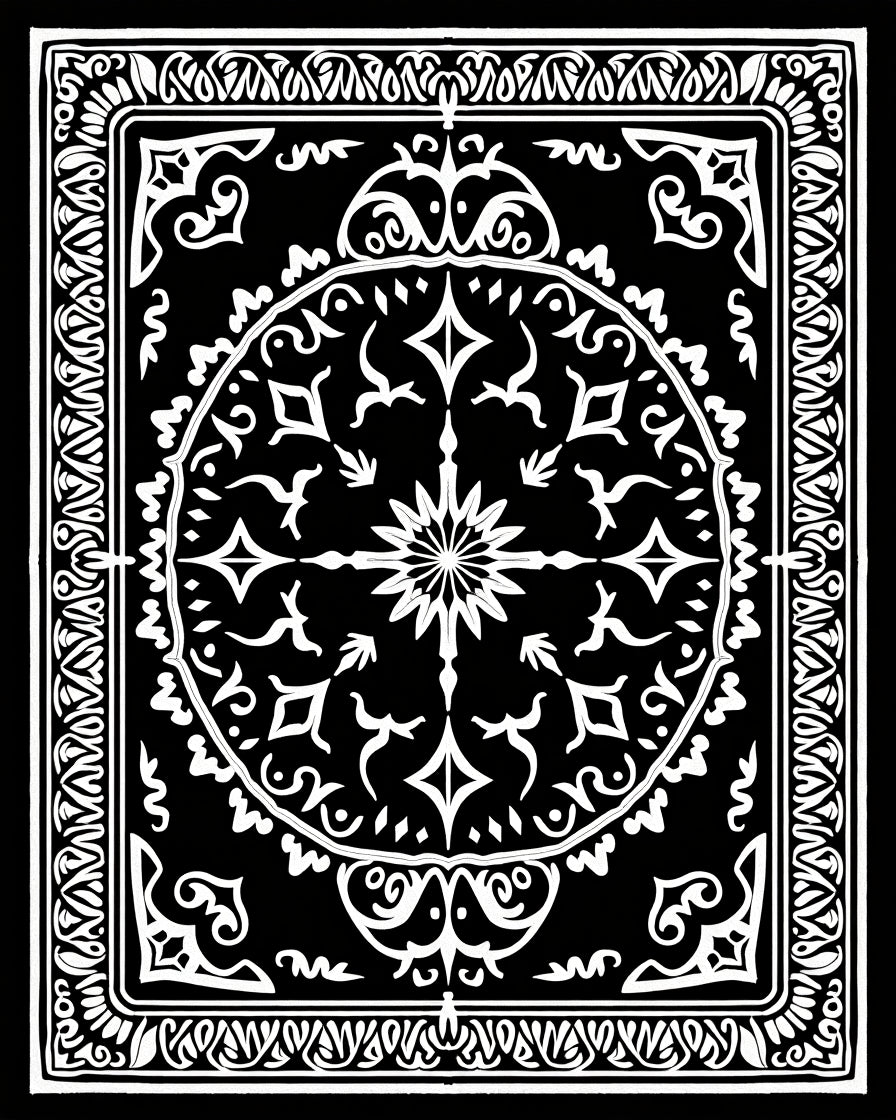 Ancient Black White Floral Medallion Rug