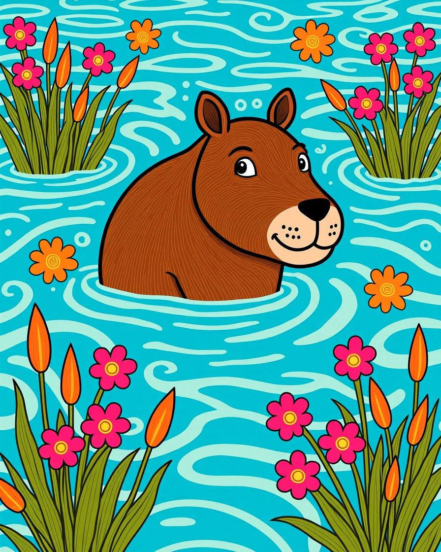 Brown Capybara Amongst Pink Flowers Water Rug