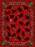 Red Black Cat Christmas Holly Border Rug