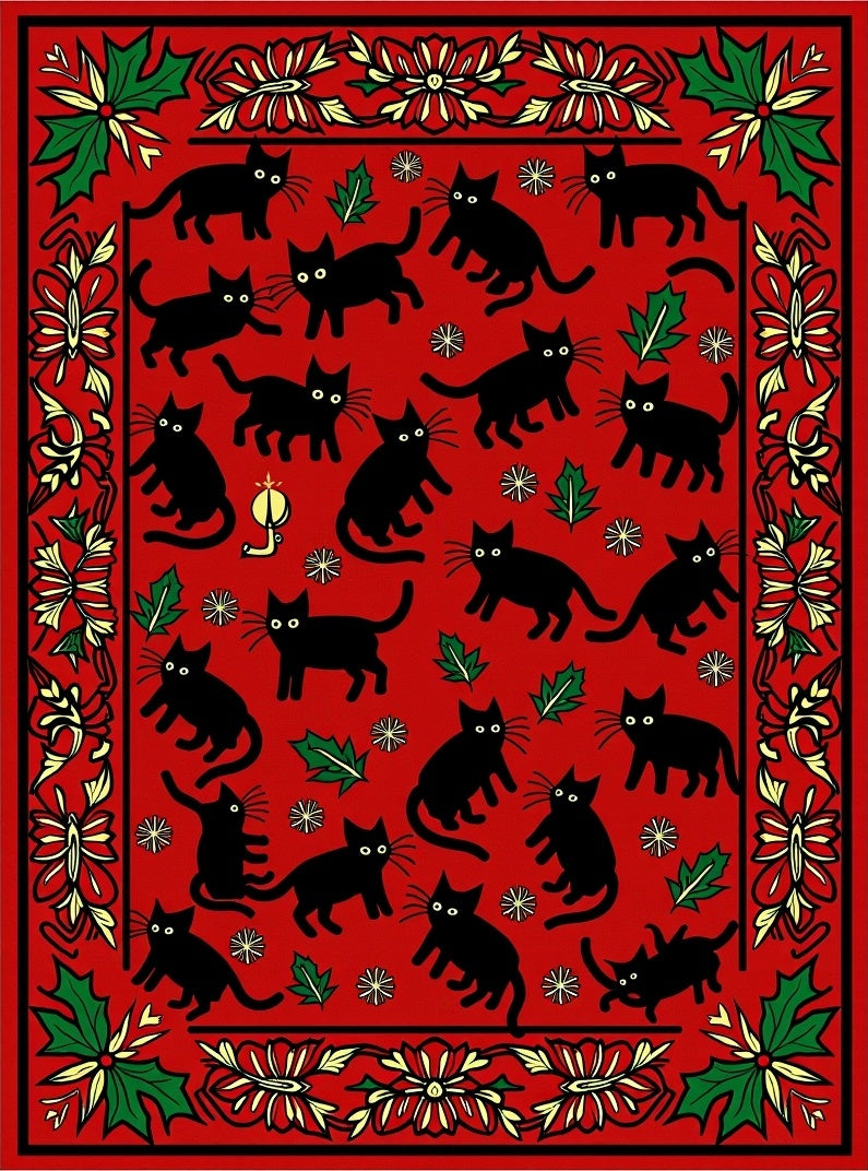 Red Black Cat Christmas Holly Border Rug