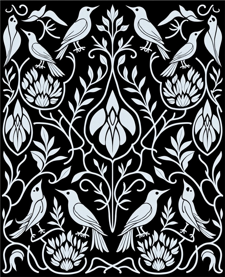 Art Nouveau White Bird Floral Illustration Rug