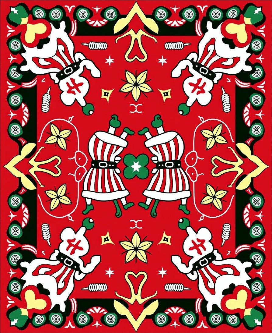 Joyful Red Folk Art Figures Rug