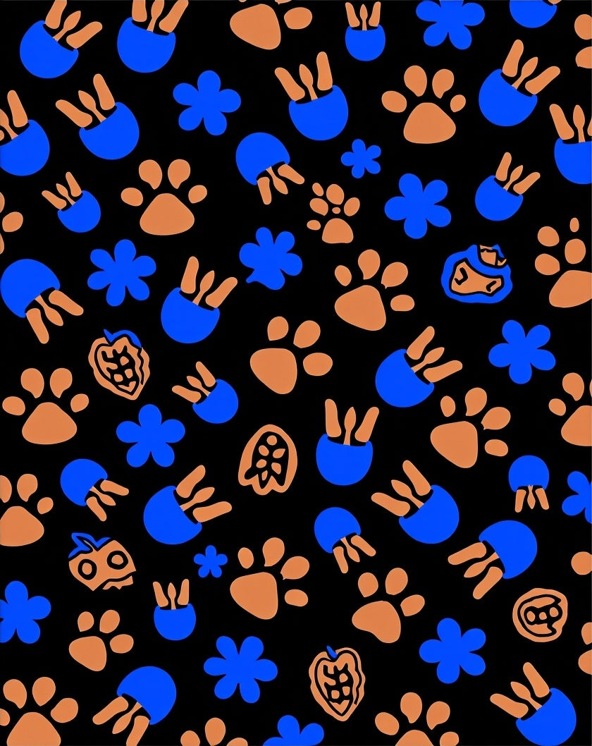 Blue Orange Paw Print Whimsical Collage Rug