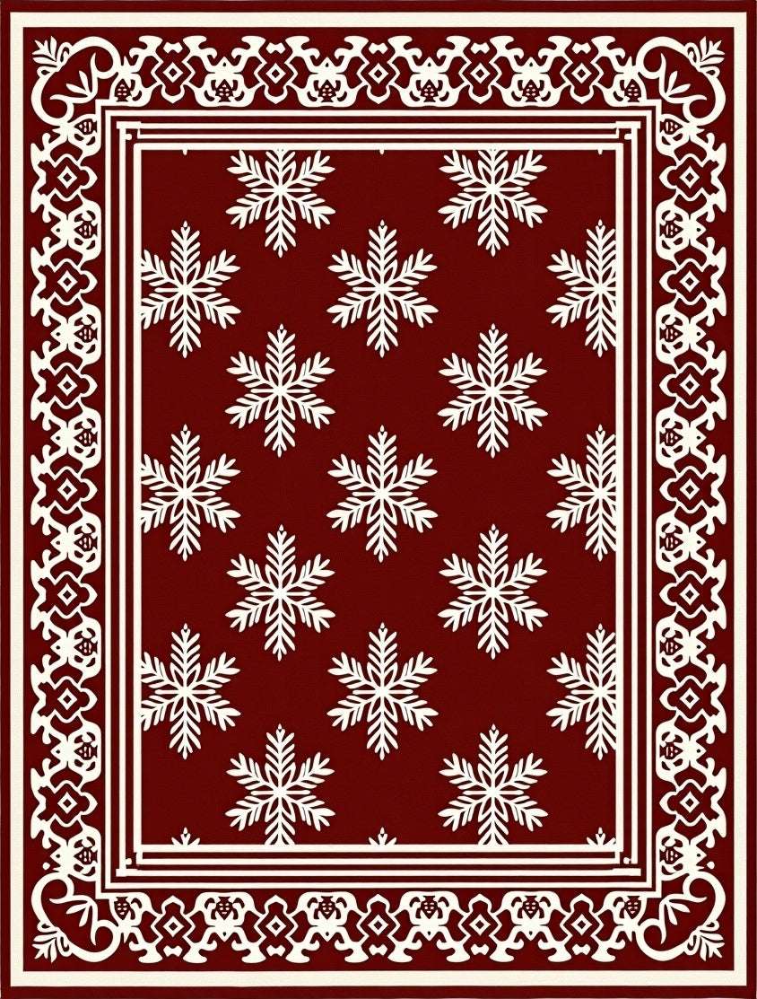 Deep Red Snowflakes Ornate Border Rug