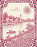 Crimson Lakeside Village Scene Rug