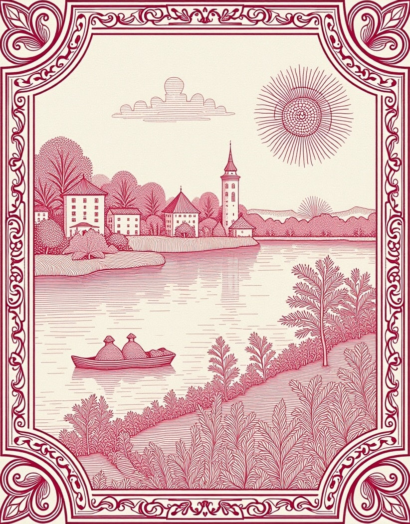 Crimson Lakeside Village Scene Rug