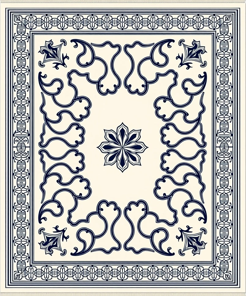 Cream Navy Swirl Floral Medallion Rug