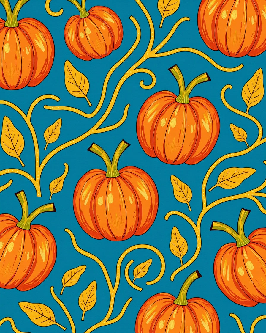 Orange Pumpkins Yellow Vine Teal Rug