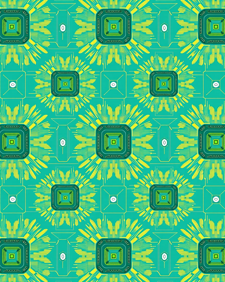 Tech Circuit Teal Yellow Square Rug