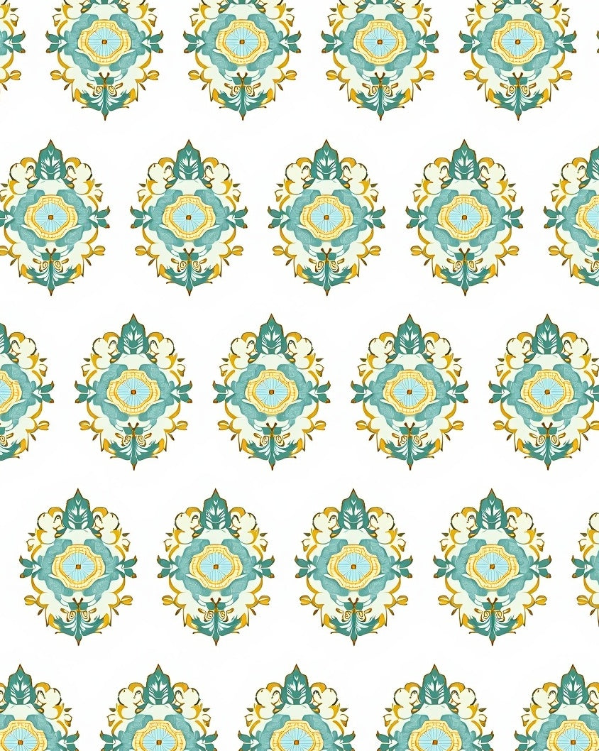 Aqua Gold Floral Crest Medallion Rug