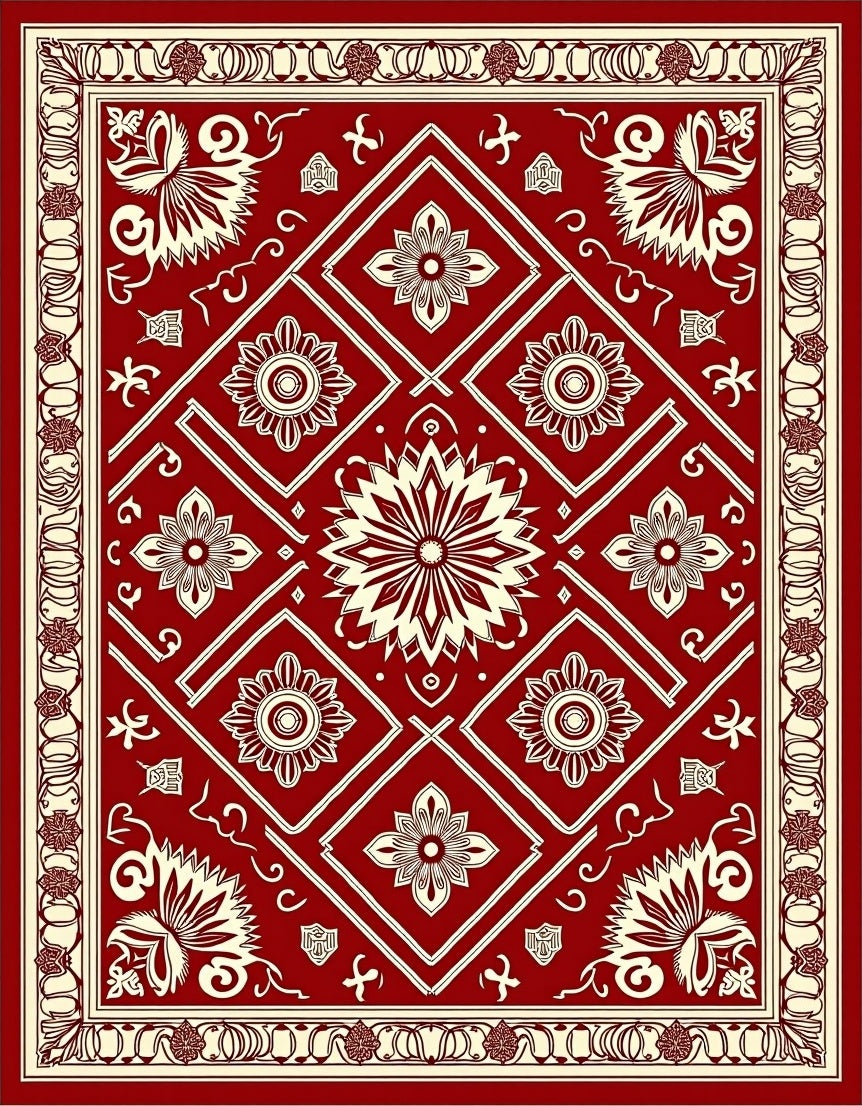 Crimson Cream Medallion Geometric Arrangement Rug