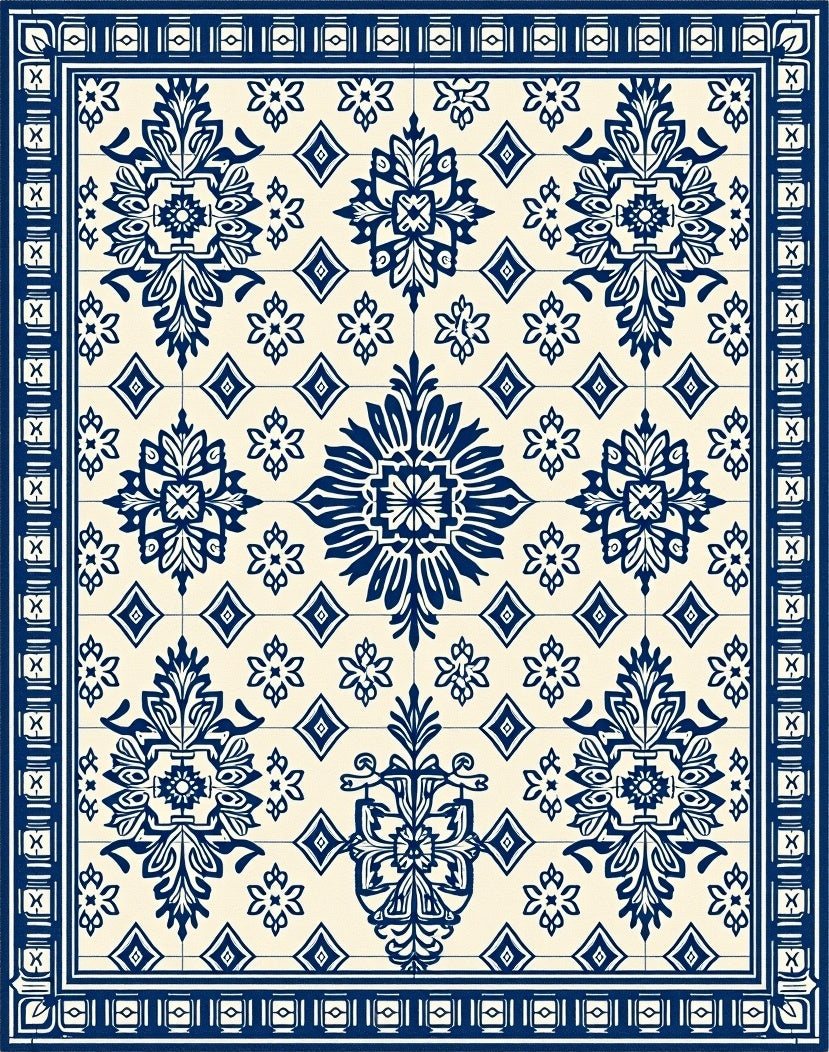 Classic Blue White Floral Medallion Tile Rug
