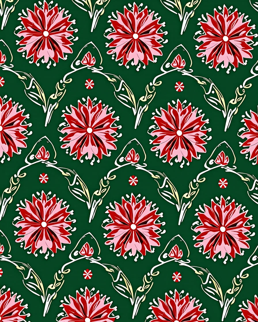 Crimson Floral Swirl Green Rug