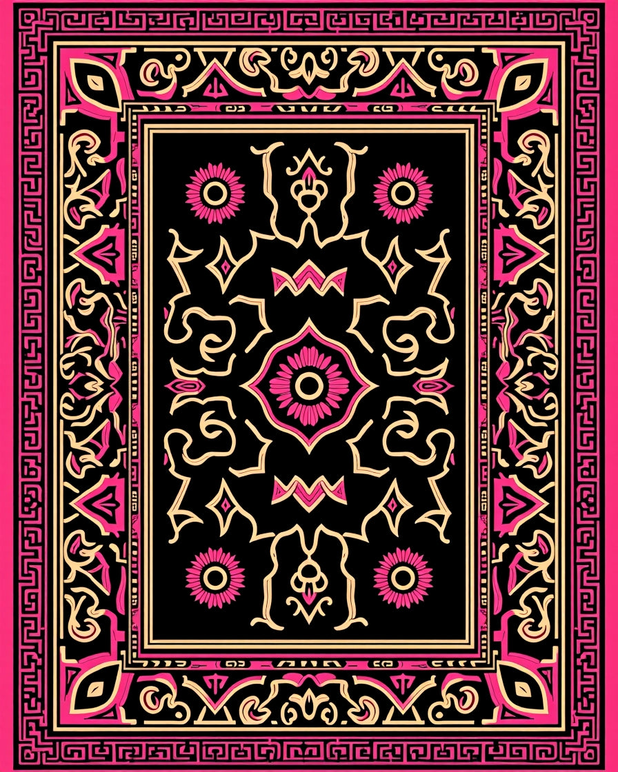 Black Pink Floral Geometric Border Rug