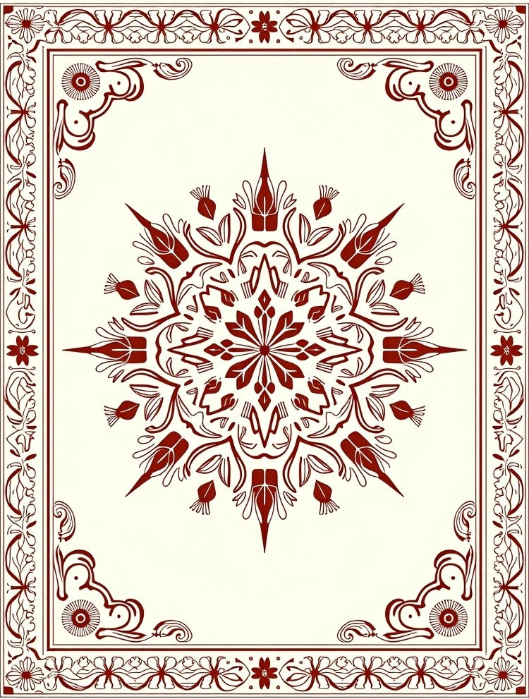 Symmetrical Starburst Bloom Border Artwork Rug