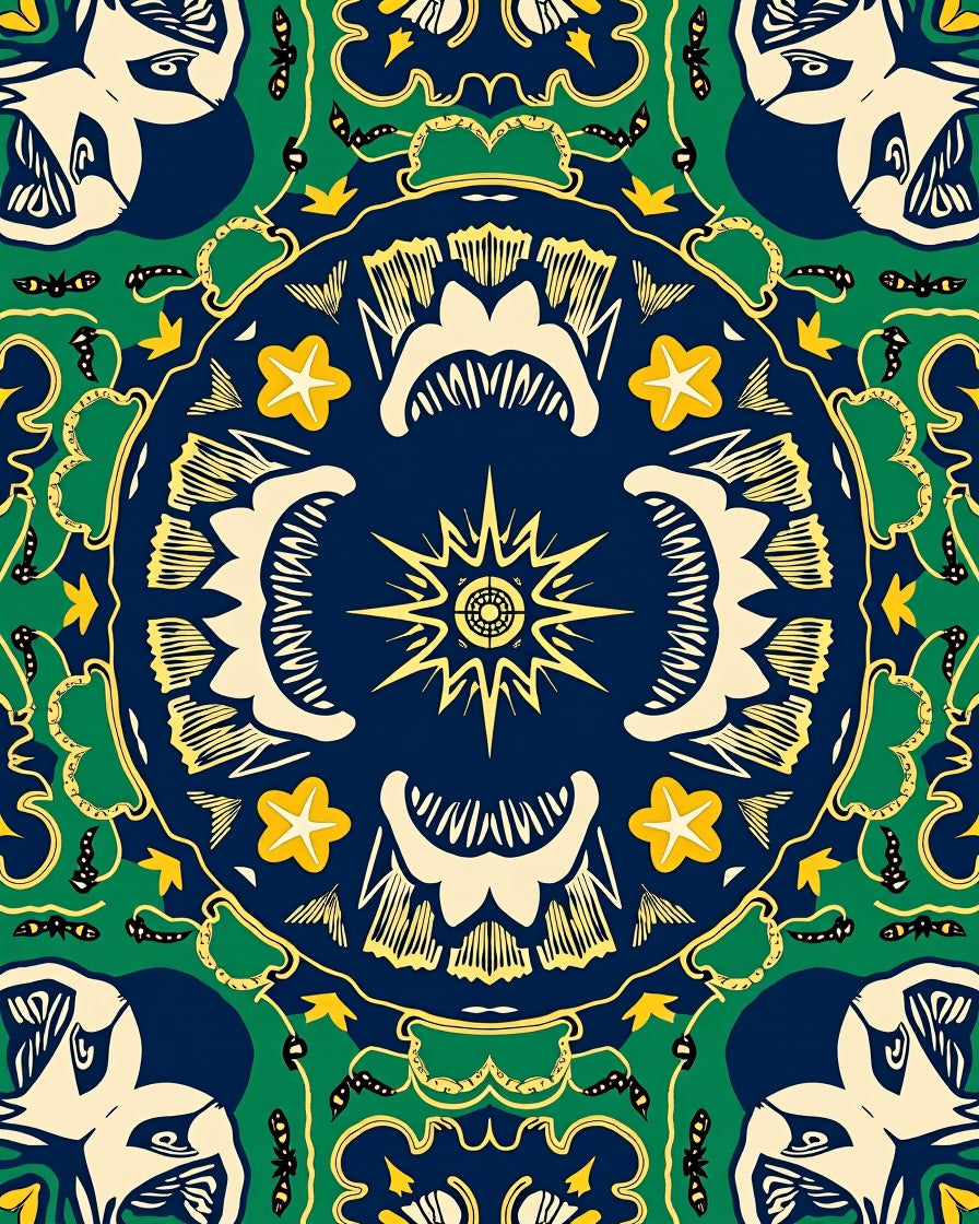 Navy Blue Yellow Floral Medallion Rug