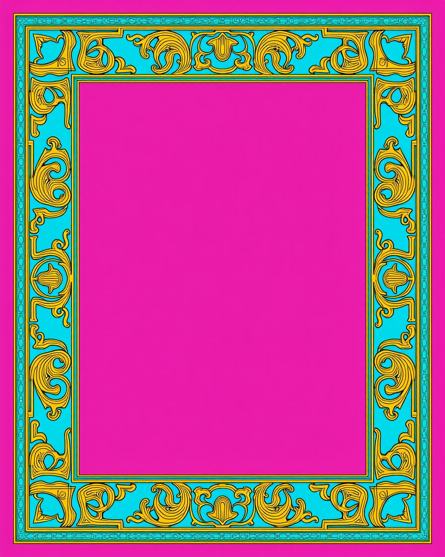 Vibrant Cyan Gold Nouveau Frame Rug
