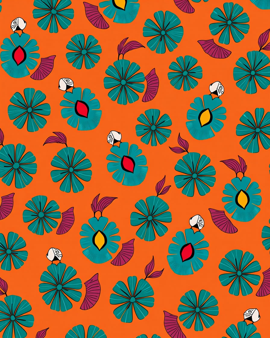 Orange Teal Floral Repeating Elements Rug
