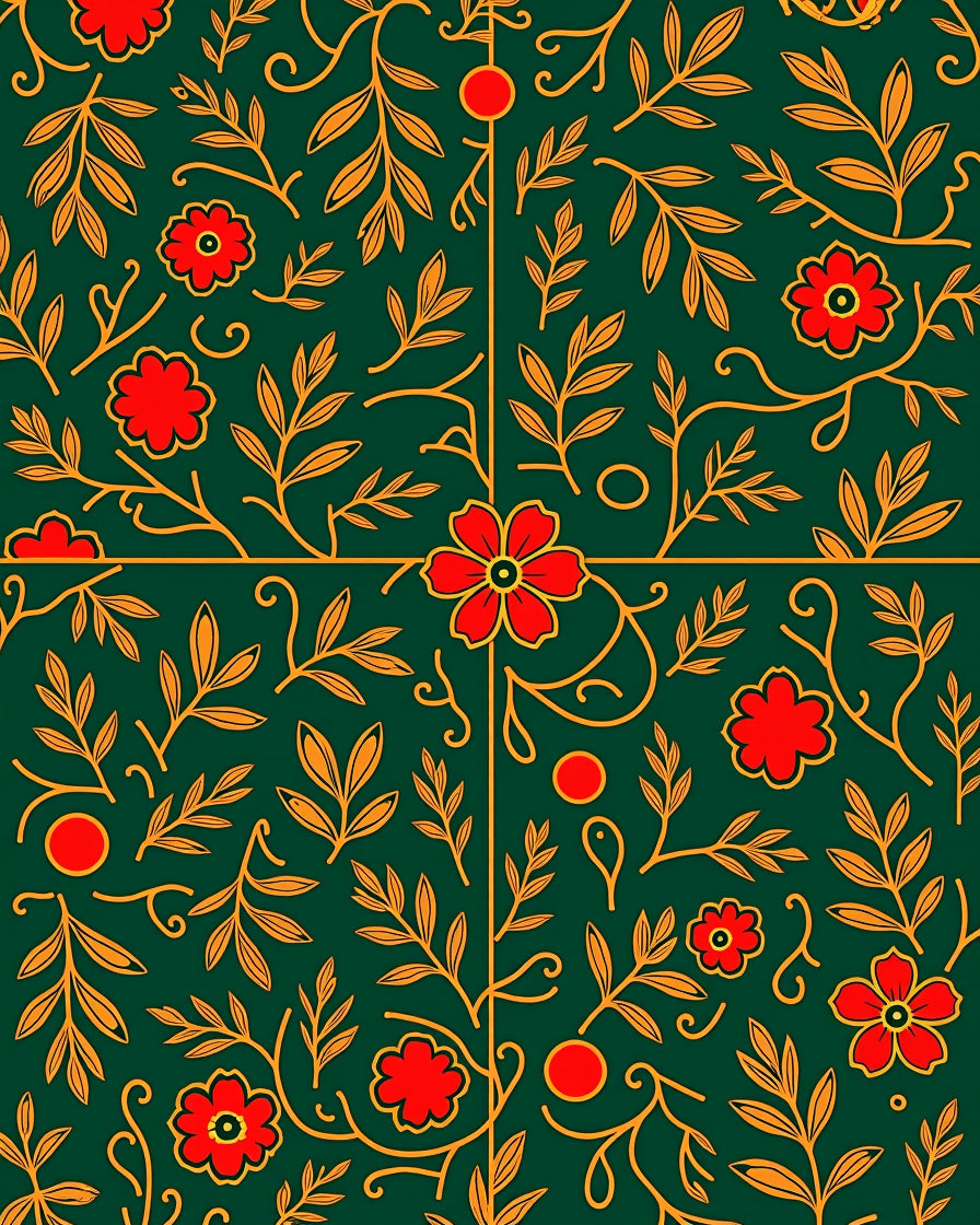 Emerald Green Red Floral Botanical Art Rug