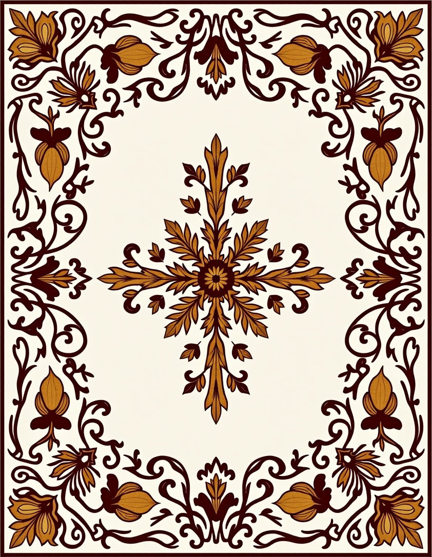 Gold and Brown Floral Scroll Border Rug