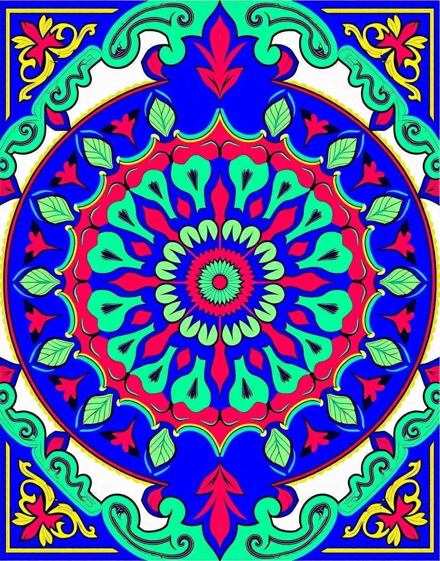 Vibrant Blue Red Green Floral Mandala Rug
