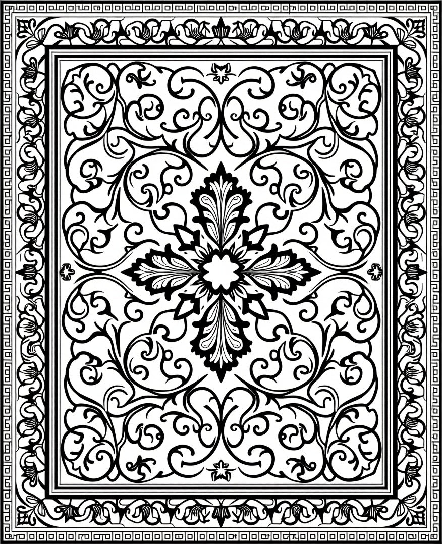 Ornate Black and White Floral Medallion Rug