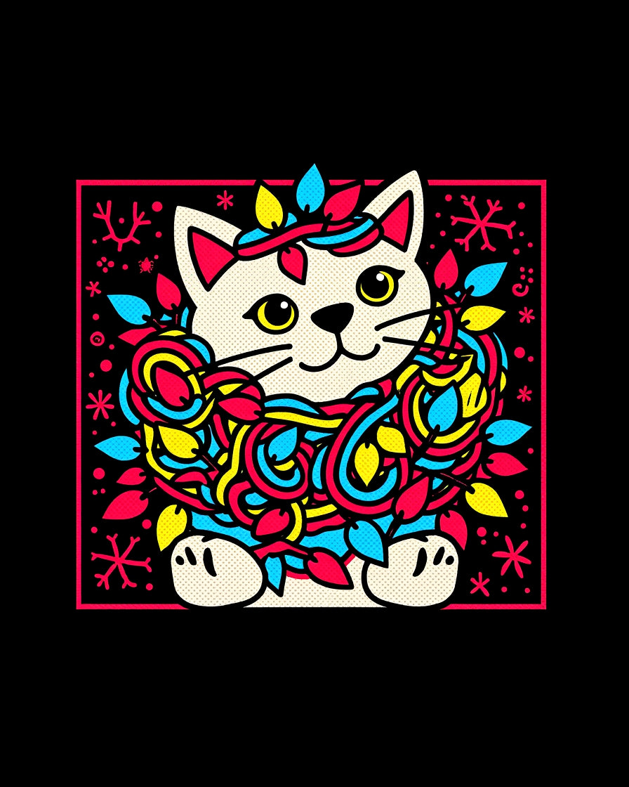 Whimsical Cat Wrapped In Lights Rug