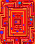 Red Orange Circuit Board Abstract Rug