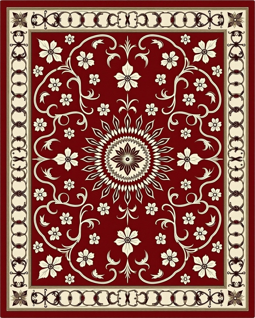 Deep Red Abundant Floral Lattice Rug