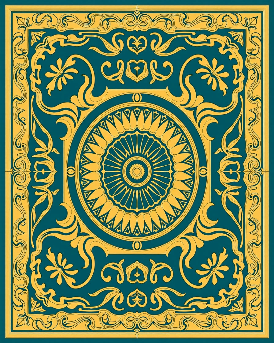 Teal Gold Circular Floral Frame Rug
