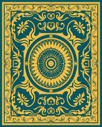 Teal Gold Circular Floral Frame Rug