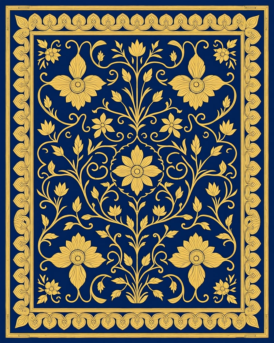 Royal Blue Golden Floral Garland Rug