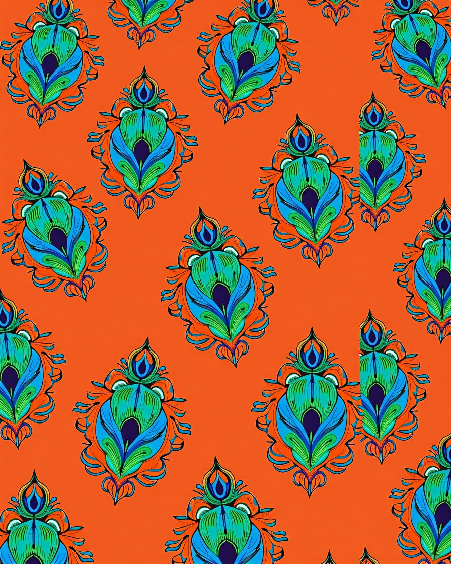 Vibrant Orange Peacock Feather Medallions Rug