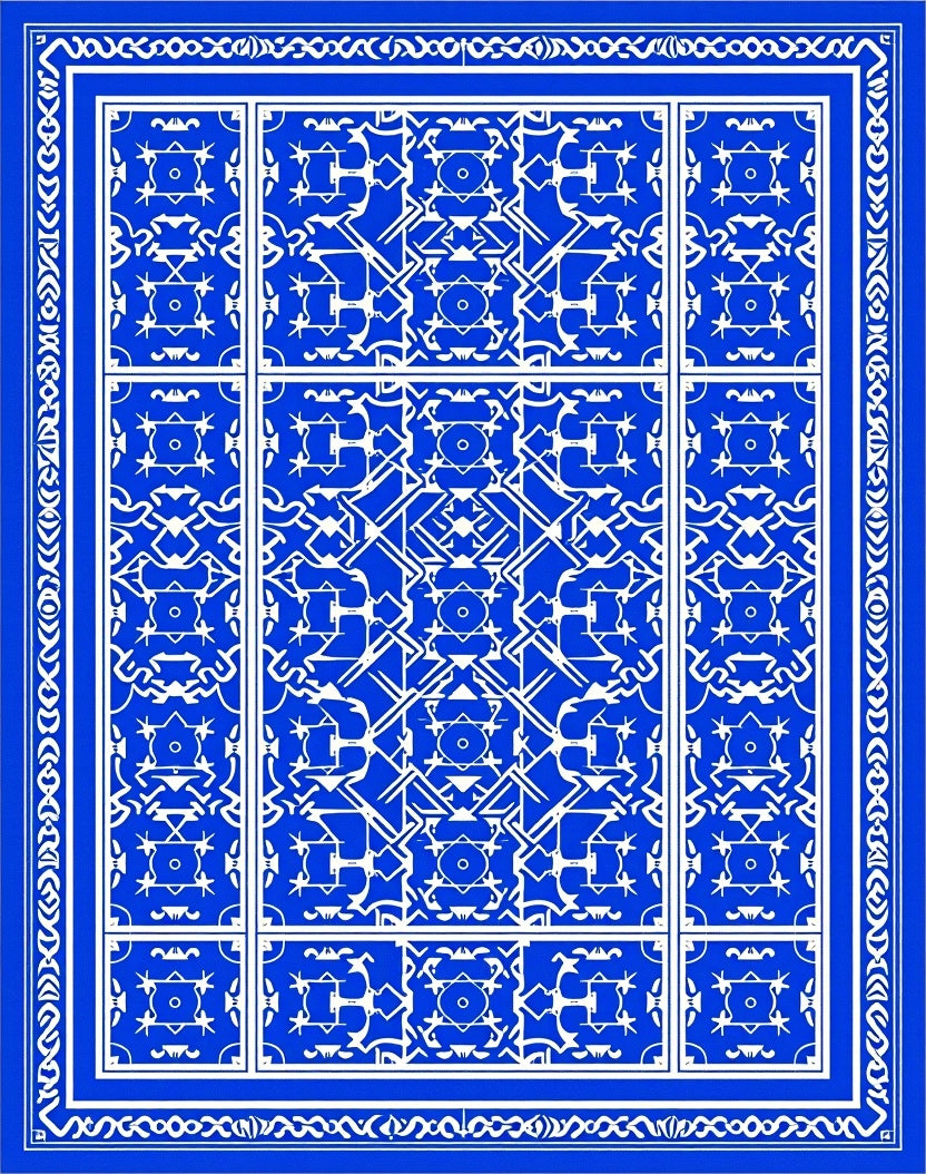 Vibrant Blue White Geometric Symmetry Rug