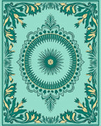 Teal Green Floral Medallion Frame Rug