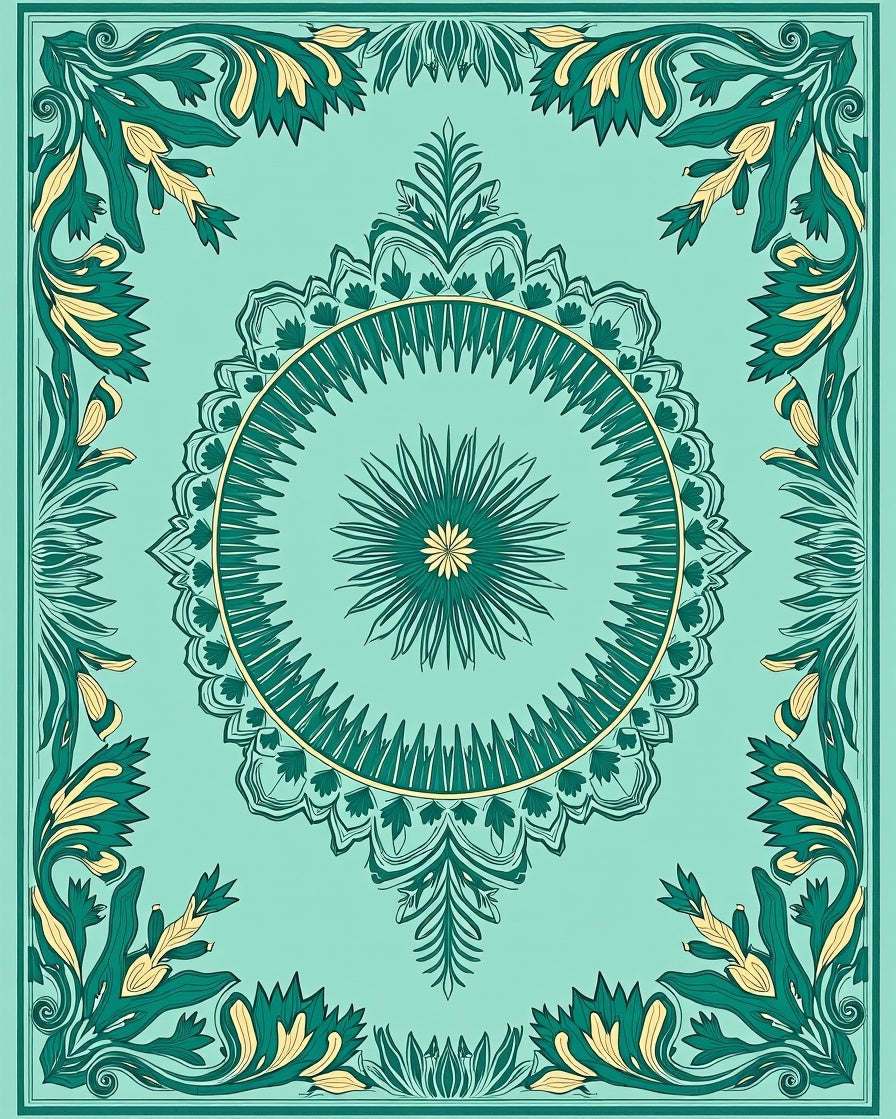 Teal Green Floral Medallion Frame Rug