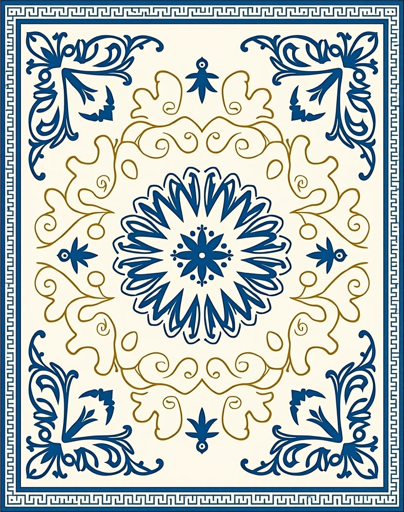 Deep Blue Ivory Floral Medallion Art Rug