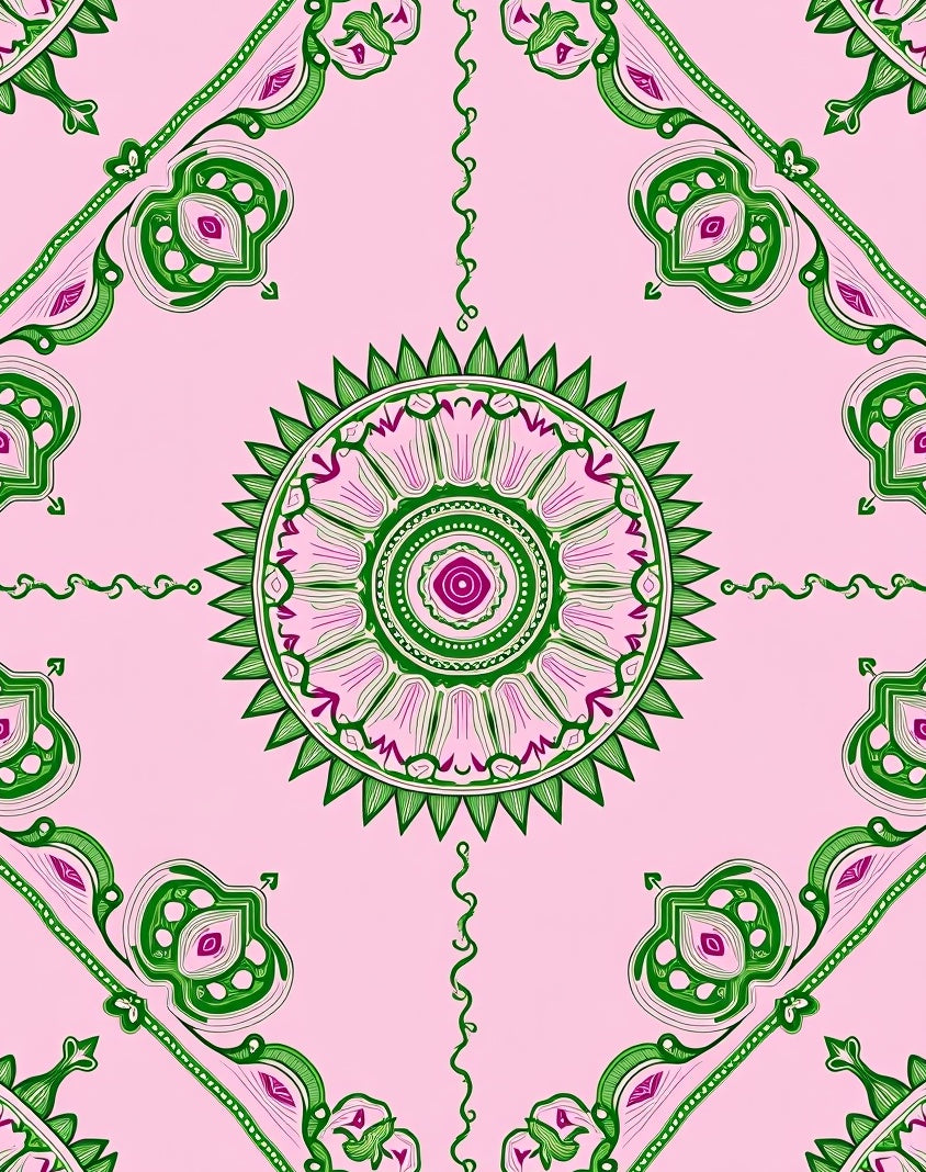 Pink Green Medallion Floral Vine Rug