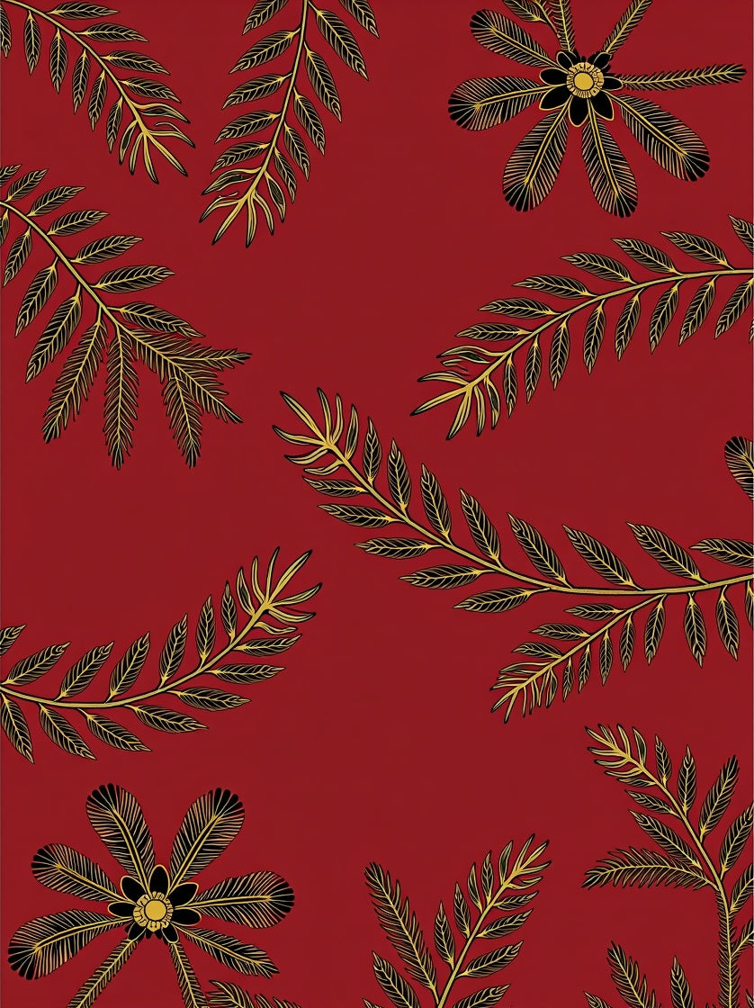 Red Golden Black Botanical Leaf Cluster Rug