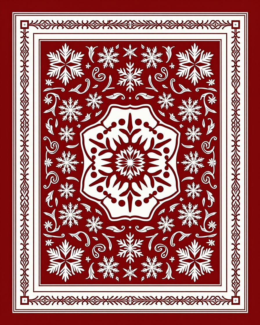 Crimson Snowflakes Medallion Border Rug