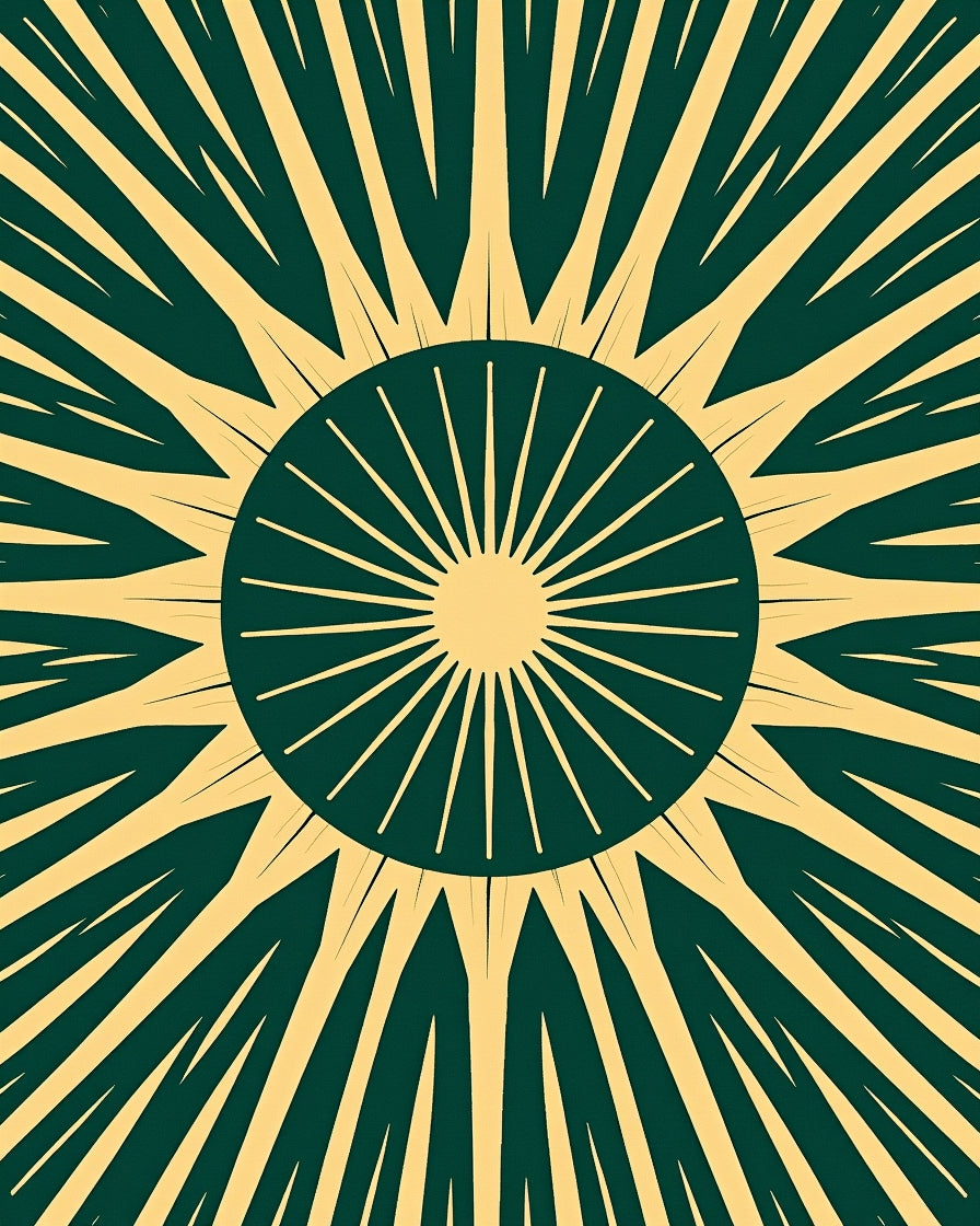 Radiant sunburst in green and gold Rug