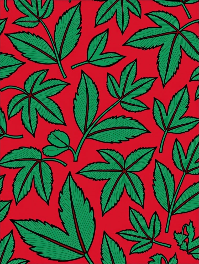 Vibrant Red Green Leafy Foliage Rug