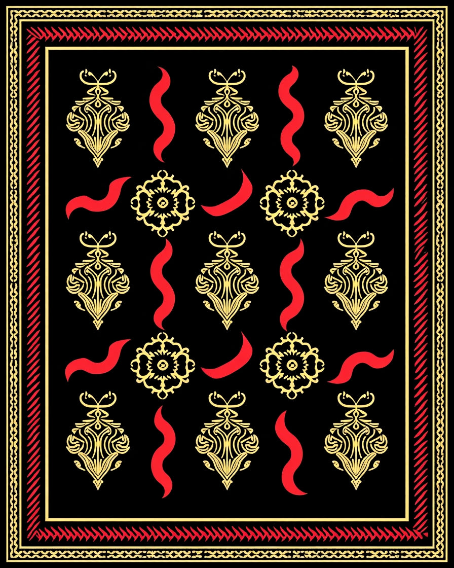 Black Gold Red Ornate Flourish Swirl Rug