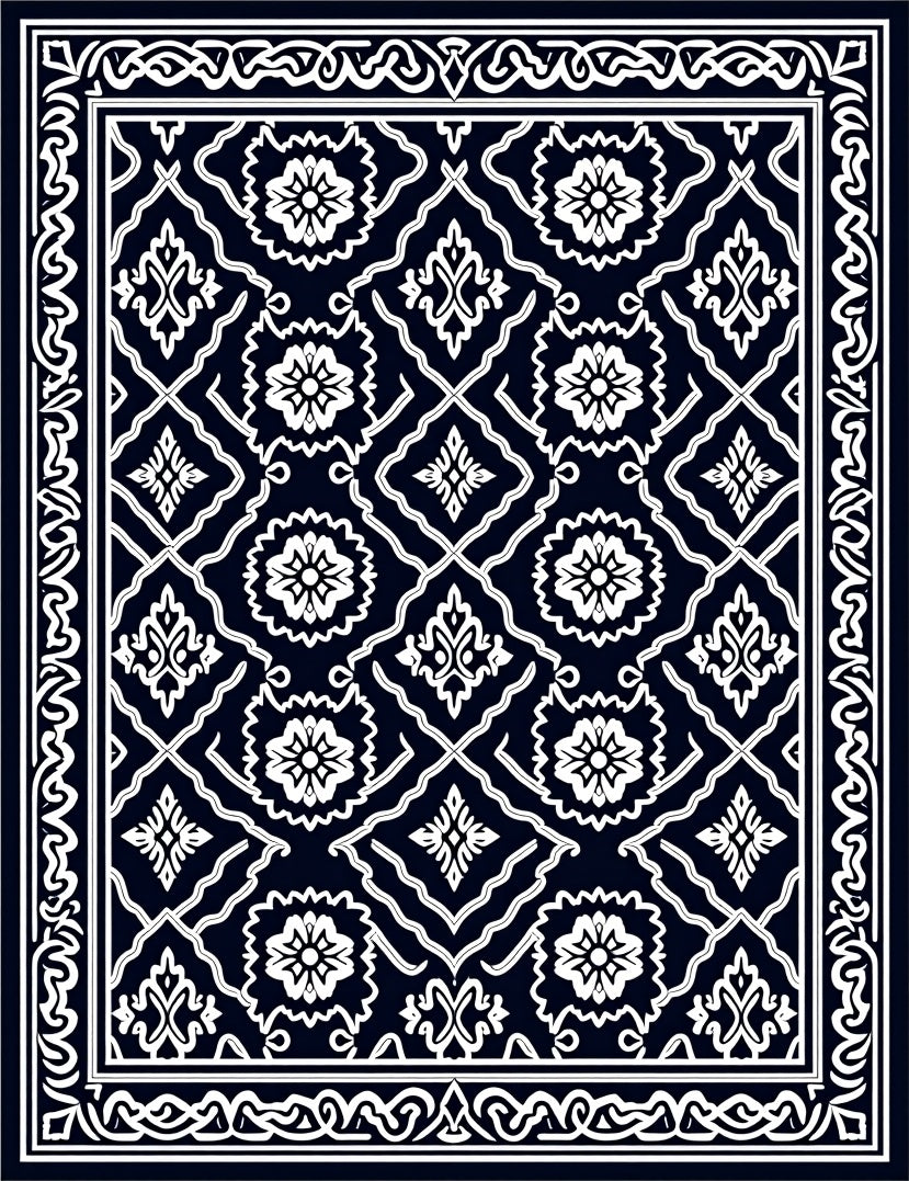 Navy White Ornamental Floral Medallion Rug
