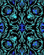 Aqua Blue Floral Vine Black Rug