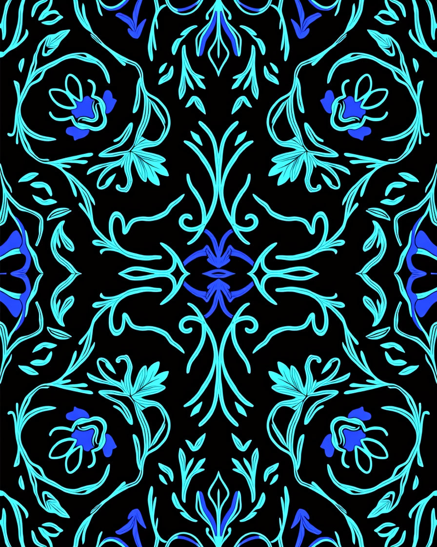Aqua Blue Floral Vine Black Rug