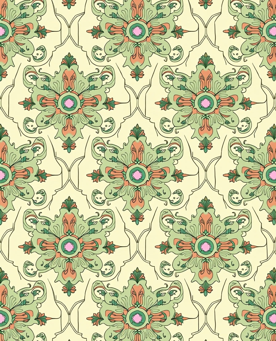 Ornate Cream Green Floral Medallion Repeat Rug