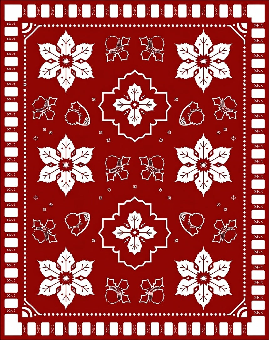 Classic Red White Folk Floral Medallion Rug