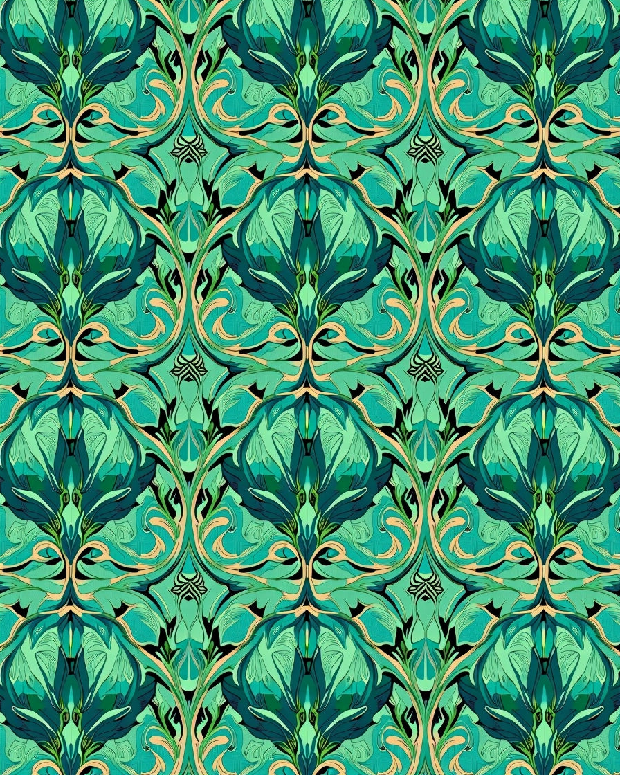 Art Nouveau Emerald Green Floral Tapestry Rug